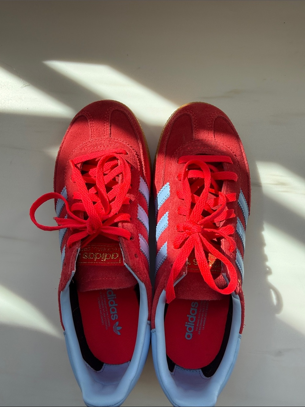 Women’s Red Adidas Spezial Sneakers with Light Blue Stripes - Picture 5 of 7